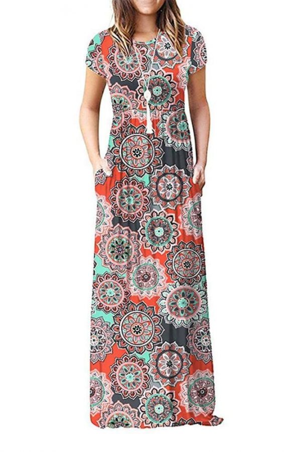 The Best Summer Short Sleeve Long Dress Floral Print Boho Beach Dress Tunic Maxi Dress Online - Takalr