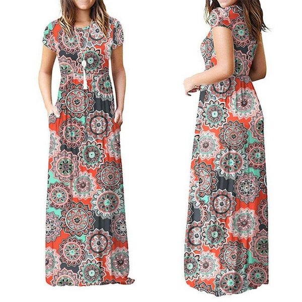 The Best Summer Short Sleeve Long Dress Floral Print Boho Beach Dress Tunic Maxi Dress Online - Takalr