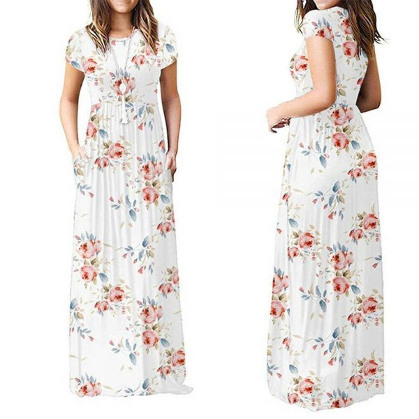 The Best Summer Short Sleeve Long Dress Floral Print Boho Beach Dress Tunic Maxi Dress Online - Takalr