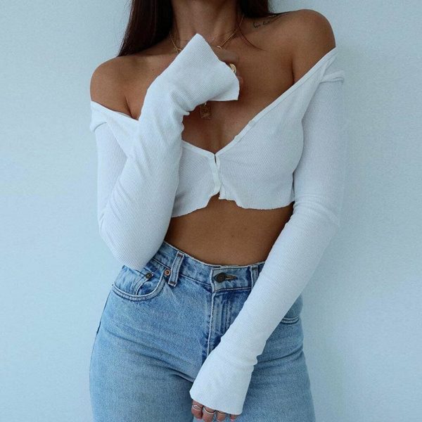 The Best Summer Solid Casual Tops Vest Blouse Long Sleeve Button Crop Shirt Online - Takalr