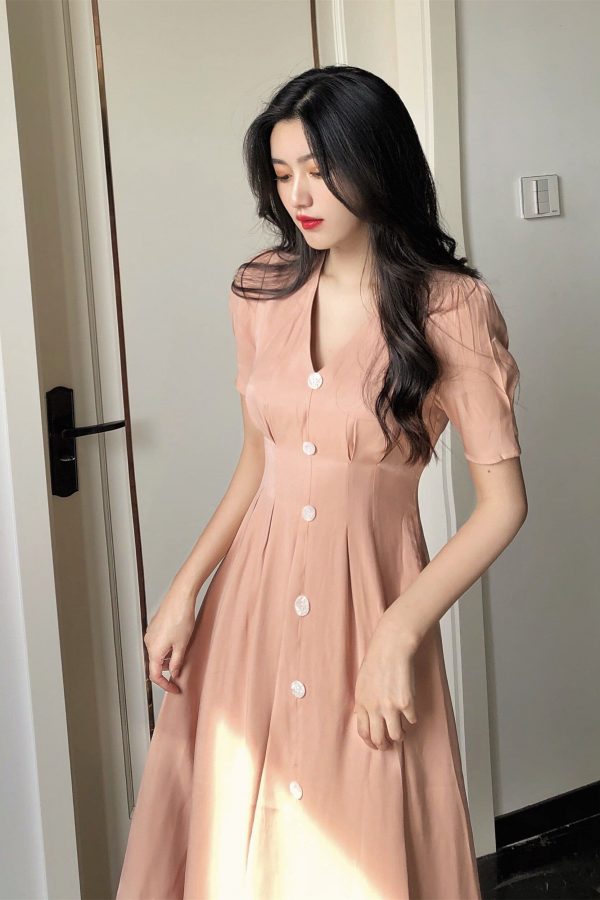 The Best Summer Vintage V-neck Single Breasted Dress Women's Lovely Dresses Online - Takalr