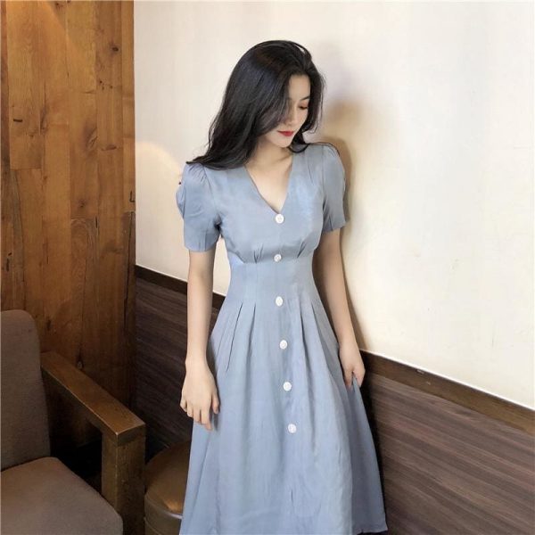 The Best Summer Vintage V-neck Single Breasted Dress Women's Lovely Dresses Online - Takalr