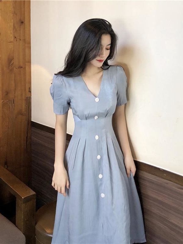 The Best Summer Vintage V-neck Single Breasted Dress Women's Lovely Dresses Online - Takalr