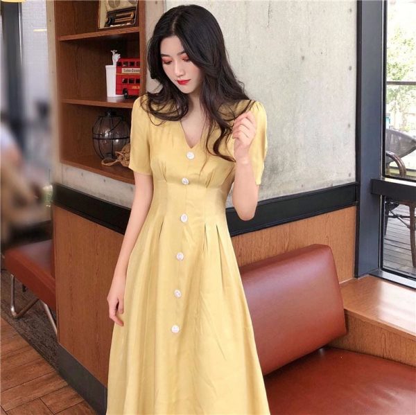 The Best Summer Vintage V-neck Single Breasted Dress Women's Lovely Dresses Online - Takalr