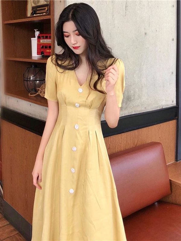 The Best Summer Vintage V-neck Single Breasted Dress Women's Lovely Dresses Online - Takalr