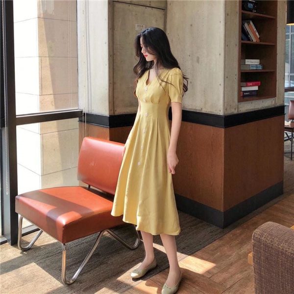 The Best Summer Vintage V-neck Single Breasted Dress Women's Lovely Dresses Online - Takalr