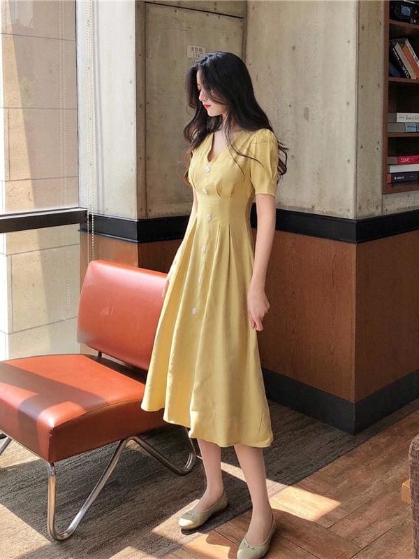 The Best Summer Vintage V-neck Single Breasted Dress Women's Lovely Dresses Online - Takalr