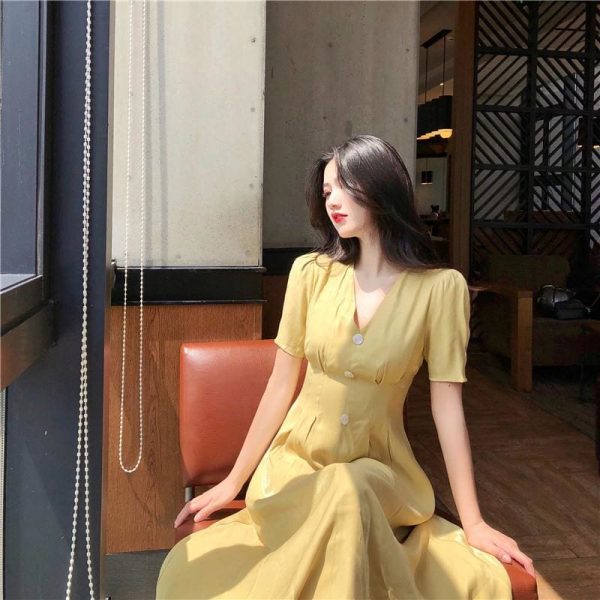 The Best Summer Vintage V-neck Single Breasted Dress Women's Lovely Dresses Online - Takalr