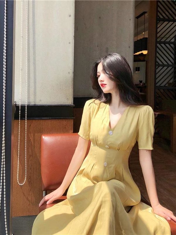 The Best Summer Vintage V-neck Single Breasted Dress Women's Lovely Dresses Online - Takalr