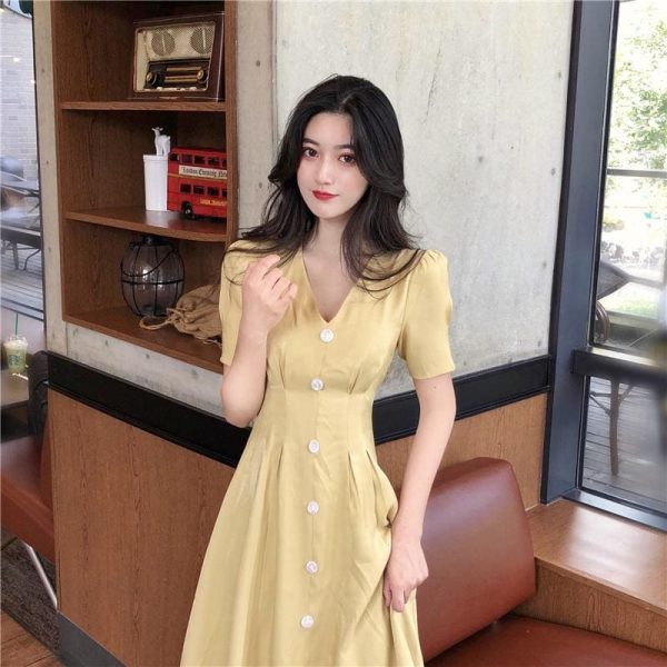 The Best Summer Vintage V-neck Single Breasted Dress Women's Lovely Dresses Online - Takalr