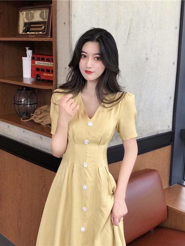 The Best Summer Vintage V-neck Single Breasted Dress Women's Lovely Dresses Online - Takalr