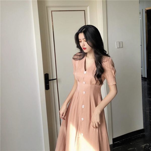 The Best Summer Vintage V-neck Single Breasted Dress Women's Lovely Dresses Online - Takalr