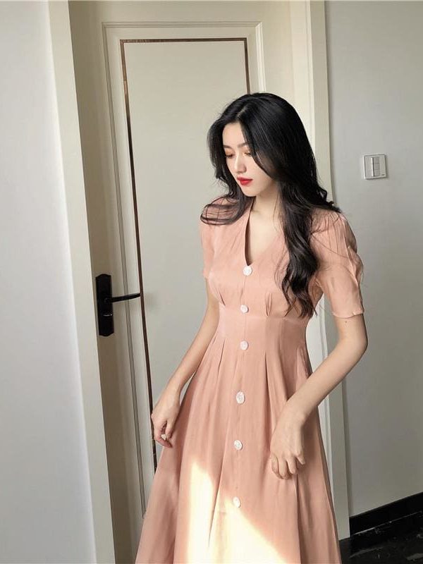 The Best Summer Vintage V-neck Single Breasted Dress Women's Lovely Dresses Online - Takalr