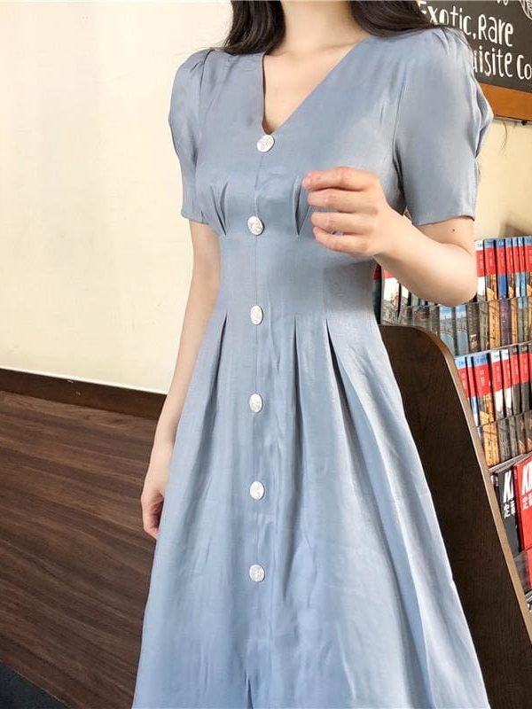 The Best Summer Vintage V-neck Single Breasted Dress Women's Lovely Dresses Online - Takalr