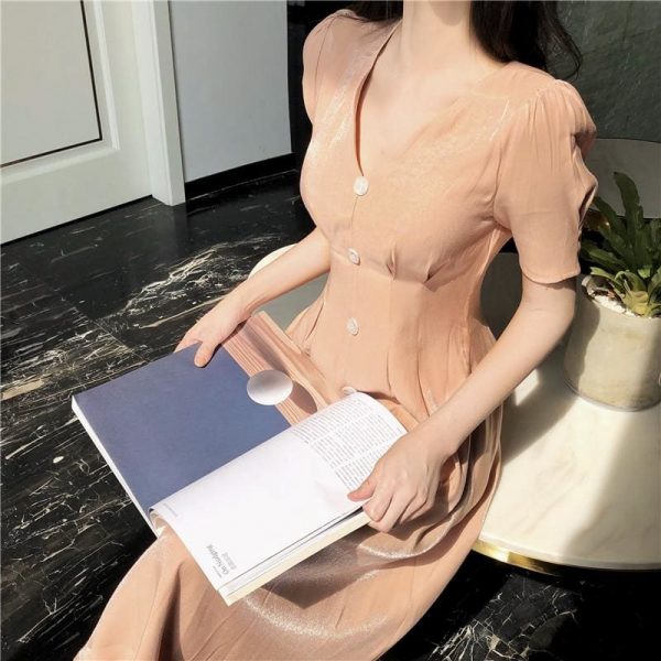 The Best Summer Vintage V-neck Single Breasted Dress Women's Lovely Dresses Online - Takalr