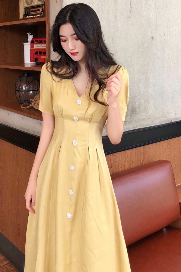 The Best Summer Vintage V-neck Single Breasted Dress Women's Lovely Dresses Online - Takalr