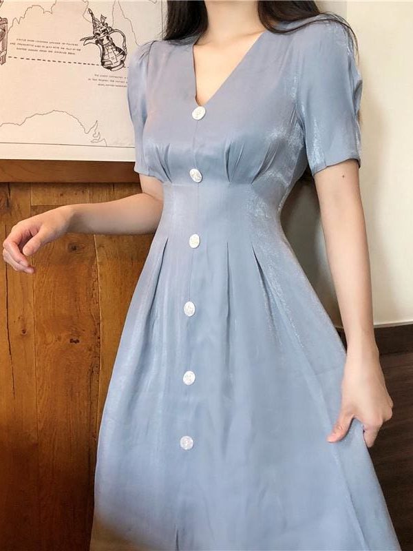 The Best Summer Vintage V-neck Single Breasted Dress Women's Lovely Dresses Online - Takalr