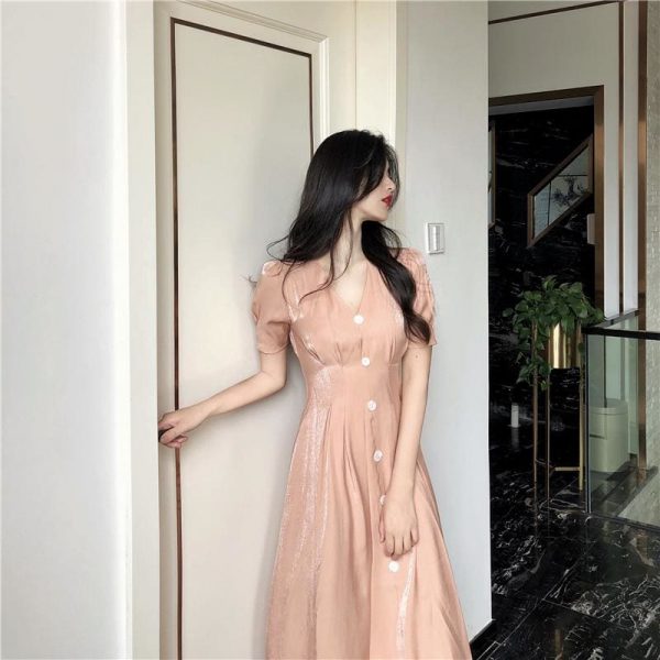 The Best Summer Vintage V-neck Single Breasted Dress Women's Lovely Dresses Online - Takalr