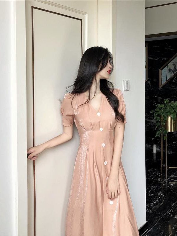 The Best Summer Vintage V-neck Single Breasted Dress Women's Lovely Dresses Online - Takalr