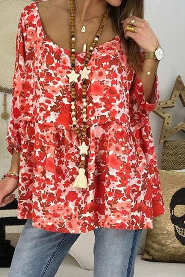 The Best Summer Women Batwing Sleeve Floral Tops Shirt Fashion Ladies Casual O-Neck Loose Top Blouse Plus Size New Online - Takalr