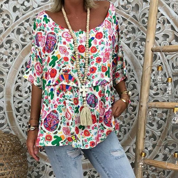 The Best Summer Women Batwing Sleeve Floral Tops Shirt Fashion Ladies Casual O-Neck Loose Top Blouse Plus Size New Online - Takalr