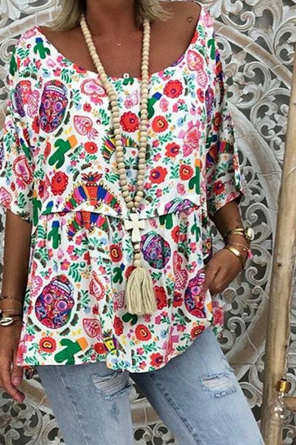 The Best Summer Women Batwing Sleeve Floral Tops Shirt Fashion Ladies Casual O-Neck Loose Top Blouse Plus Size New Online - Takalr