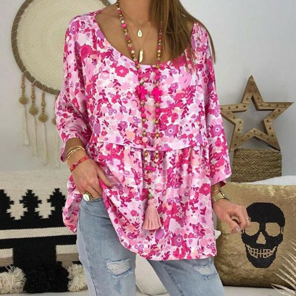 The Best Summer Women Batwing Sleeve Floral Tops Shirt Fashion Ladies Casual O-Neck Loose Top Blouse Plus Size New Online - Takalr