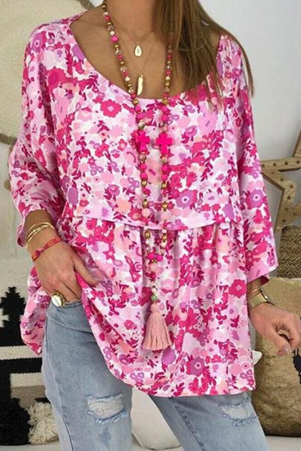 The Best Summer Women Batwing Sleeve Floral Tops Shirt Fashion Ladies Casual O-Neck Loose Top Blouse Plus Size New Online - Takalr