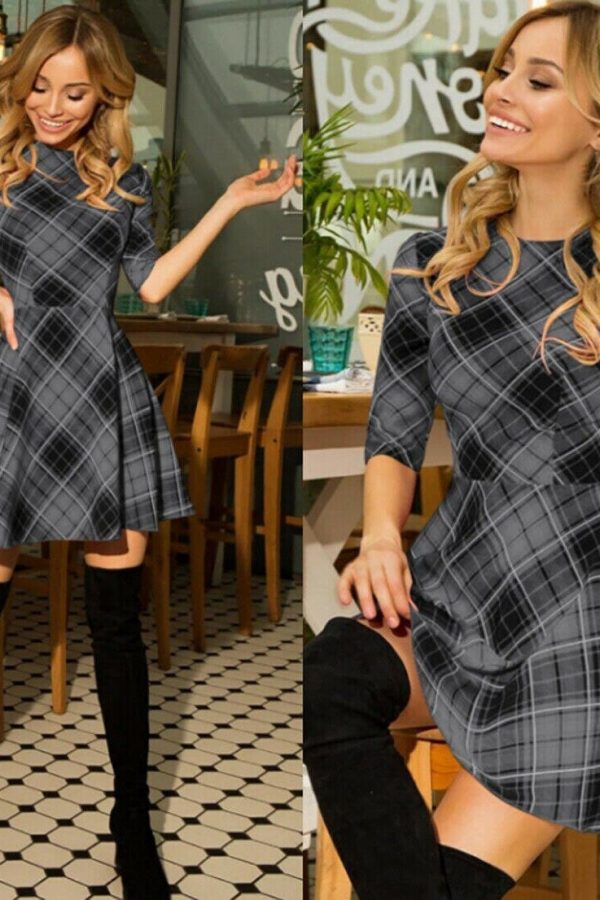 The Best Summer Women Boho Plaid Check Midi Dress Ladies Elegant Formal Party Beach Wrap Casual Bodycon Round Neck Dress Online - Takalr