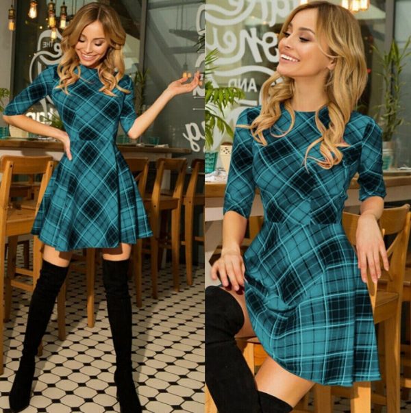 The Best Summer Women Boho Plaid Check Midi Dress Ladies Elegant Formal Party Beach Wrap Casual Bodycon Round Neck Dress Online - Takalr