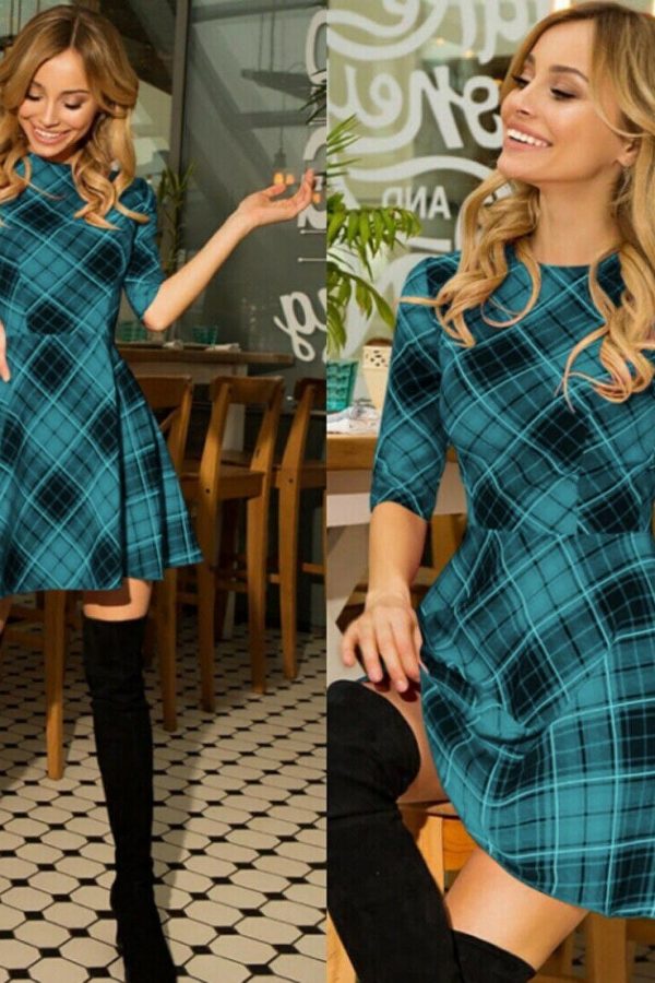 The Best Summer Women Boho Plaid Check Midi Dress Ladies Elegant Formal Party Beach Wrap Casual Bodycon Round Neck Dress Online - Takalr