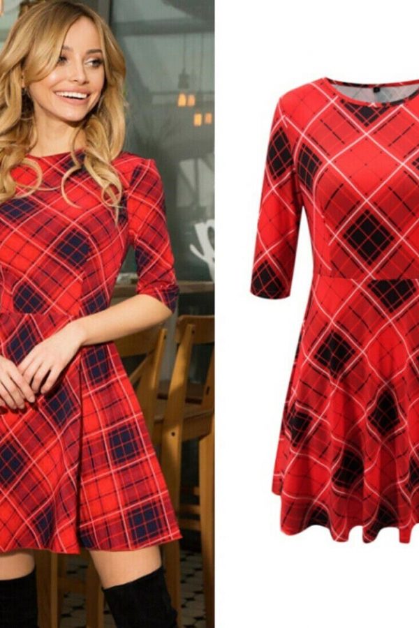 The Best Summer Women Boho Plaid Check Midi Dress Ladies Elegant Formal Party Beach Wrap Casual Bodycon Round Neck Dress Online - Takalr