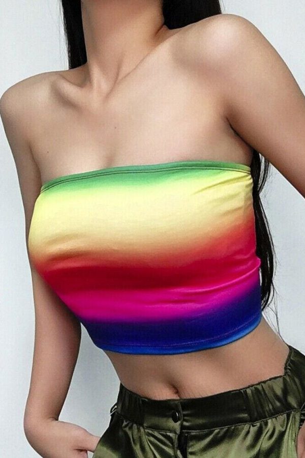 The Best Summer Women Casual Off Shoulder Stretch Tank Top Vest Blouse Fashion Ladies Sleeveless Rainbow Print Crop Tops Shirt Online - Takalr