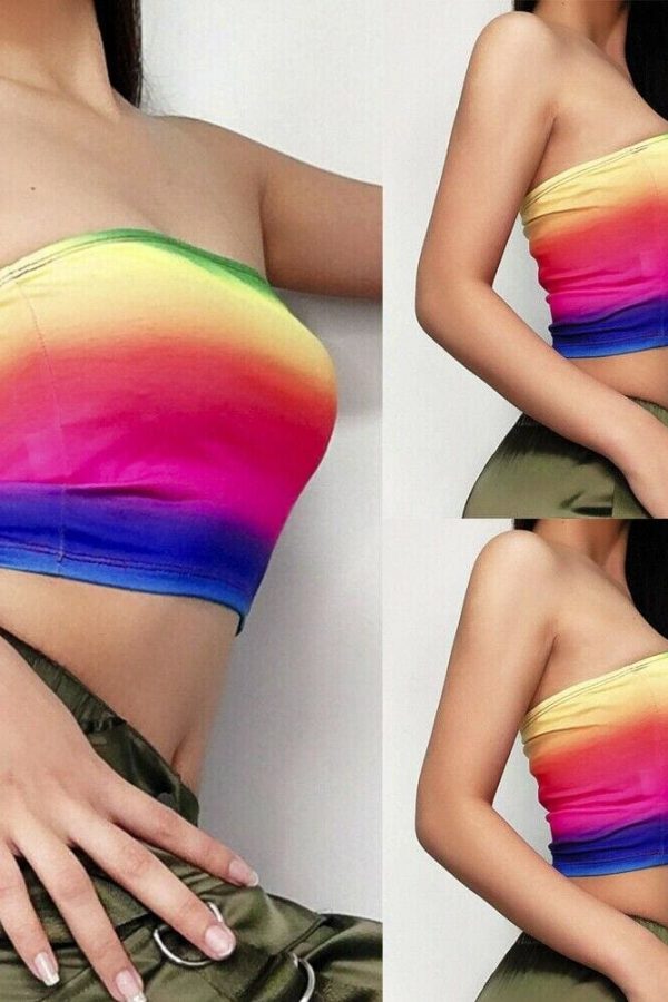 The Best Summer Women Casual Off Shoulder Stretch Tank Top Vest Blouse Fashion Ladies Sleeveless Rainbow Print Crop Tops Shirt Online - Takalr