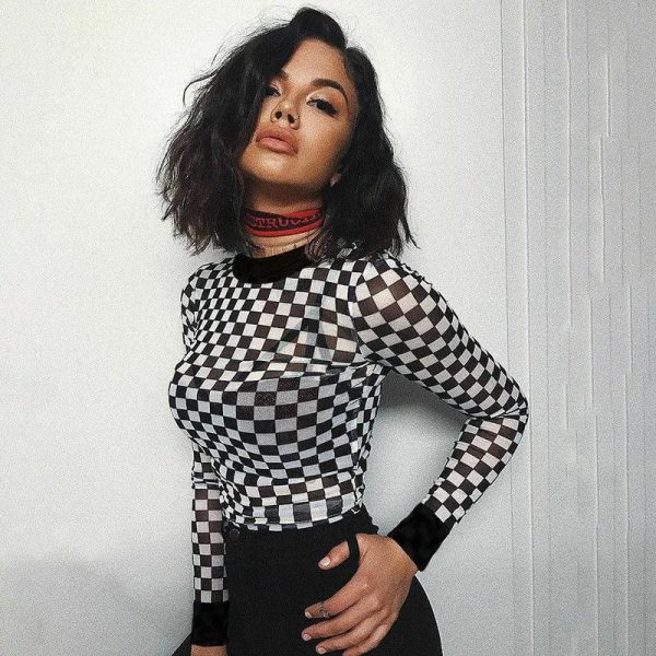 The Best Summer Women Crop Top Clubwear Fashion Plaid Casual Long Sleeve See-Through T-Shirt Beach Holiday Slim Fit Tees Online - Takalr