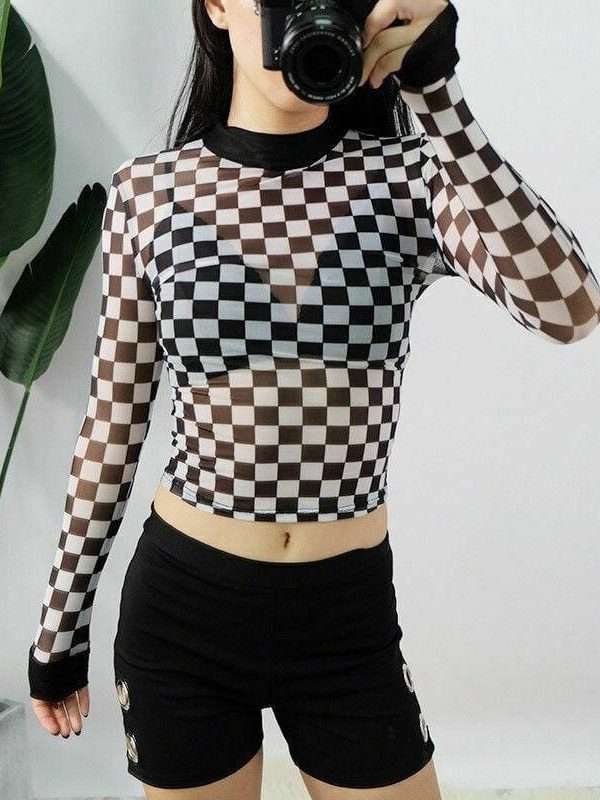 The Best Summer Women Crop Top Clubwear Fashion Plaid Casual Long Sleeve See-Through T-Shirt Beach Holiday Slim Fit Tees Online - Takalr