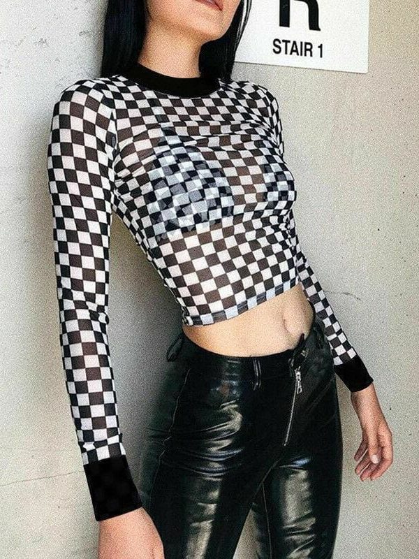 The Best Summer Women Crop Top Clubwear Fashion Plaid Casual Long Sleeve See-Through T-Shirt Beach Holiday Slim Fit Tees Online - Takalr