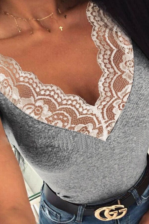 The Best Summer Women Deep V-Neck Lace Stitching Tight T-Shirt Ladies Casual Short Sleeves Tops Solid Slim Shirts Online - Takalr