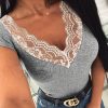 The Best Summer Women Deep V-Neck Lace Stitching Tight T-Shirt Ladies Casual Short Sleeves Tops Solid Slim Shirts Online - Takalr