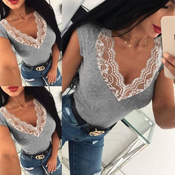 The Best Summer Women Deep V-Neck Lace Stitching Tight T-Shirt Ladies Casual Short Sleeves Tops Solid Slim Shirts Online - Takalr