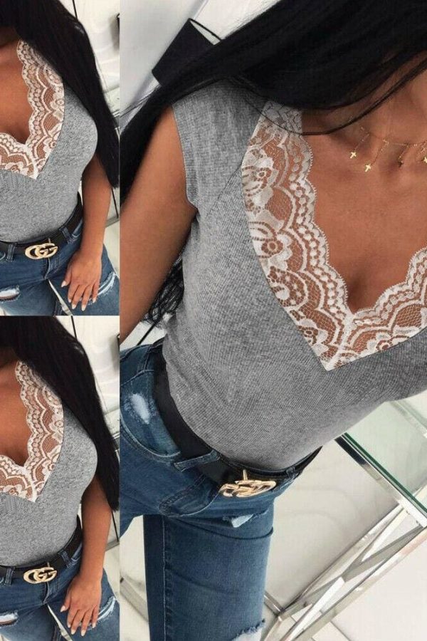 The Best Summer Women Deep V-Neck Lace Stitching Tight T-Shirt Ladies Casual Short Sleeves Tops Solid Slim Shirts Online - Takalr