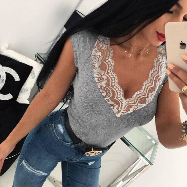 The Best Summer Women Deep V-Neck Lace Stitching Tight T-Shirt Ladies Casual Short Sleeves Tops Solid Slim Shirts Online - Takalr