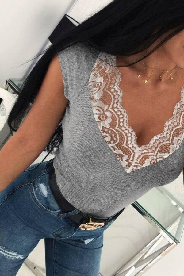 The Best Summer Women Deep V-Neck Lace Stitching Tight T-Shirt Ladies Casual Short Sleeves Tops Solid Slim Shirts Online - Takalr