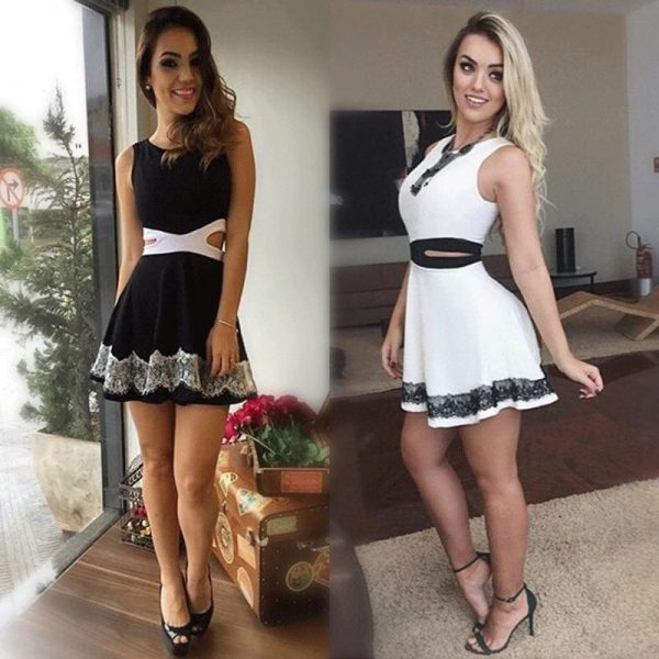 The Best Summer Women Dress OL Lady Sleeveless O-neck Lace Patchwork Casual Slim Fit Hollow Out Mini Waist Dress white black Online - Takalr