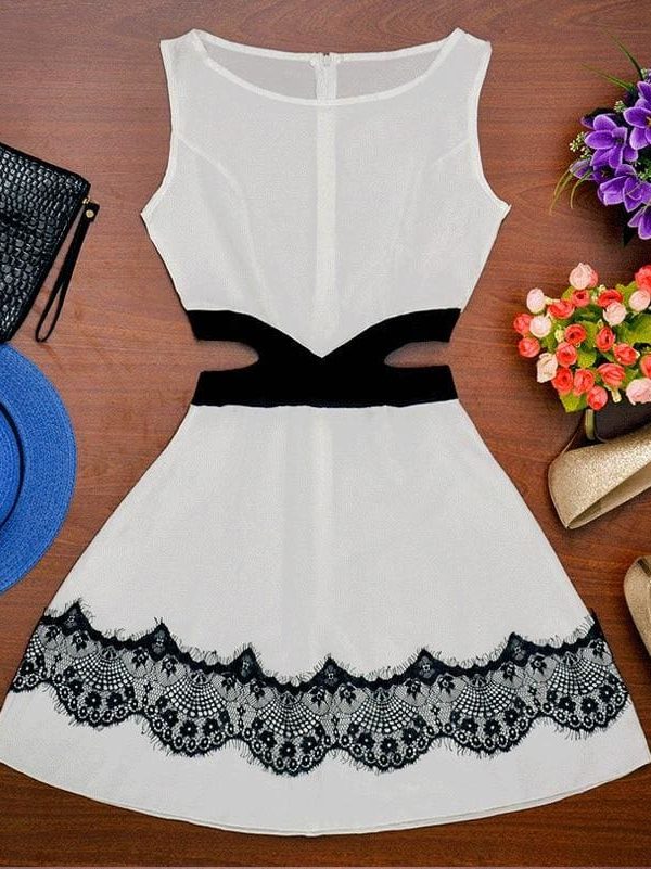 The Best Summer Women Dress OL Lady Sleeveless O-neck Lace Patchwork Casual Slim Fit Hollow Out Mini Waist Dress white black Online - Takalr