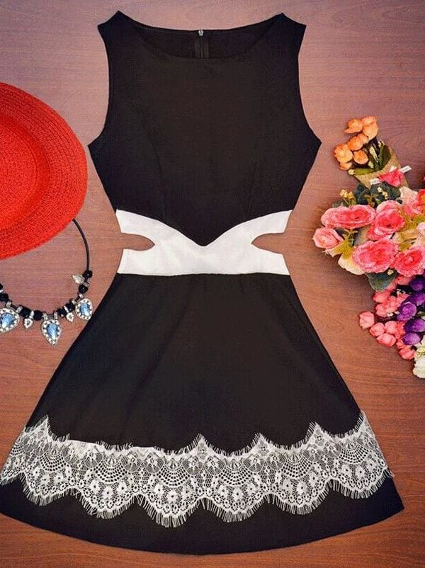 The Best Summer Women Dress OL Lady Sleeveless O-neck Lace Patchwork Casual Slim Fit Hollow Out Mini Waist Dress white black Online - Takalr