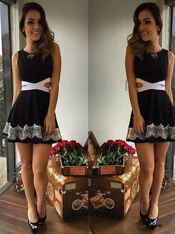 The Best Summer Women Dress OL Lady Sleeveless O-neck Lace Patchwork Casual Slim Fit Hollow Out Mini Waist Dress white black Online - Takalr