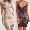 The Best Summer Women Dress Spaghetti Strap V Neck Sequined Lace Bodycon Dresses Sleeveless Party Evening Vestidos Femme Short Mini Dress Online - Takalr