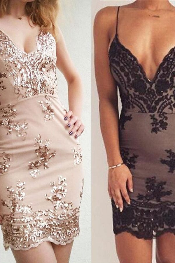 The Best Summer Women Dress Spaghetti Strap V Neck Sequined Lace Bodycon Dresses Sleeveless Party Evening Vestidos Femme Short Mini Dress Online - Takalr