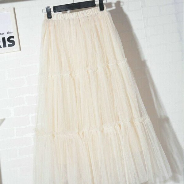 The Best Summer Women Elastic Mesh Tulle Pleated Skirt Ladies Casual Holiday A-Line High Waist Solid Long Maxi Skirt Online - Takalr